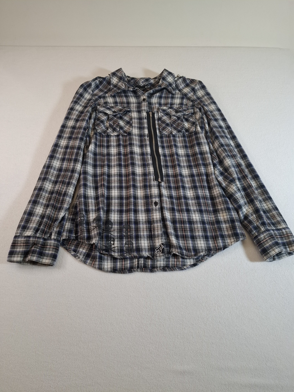 Y2k Fox Blue White Plaid Button-Down Shirt